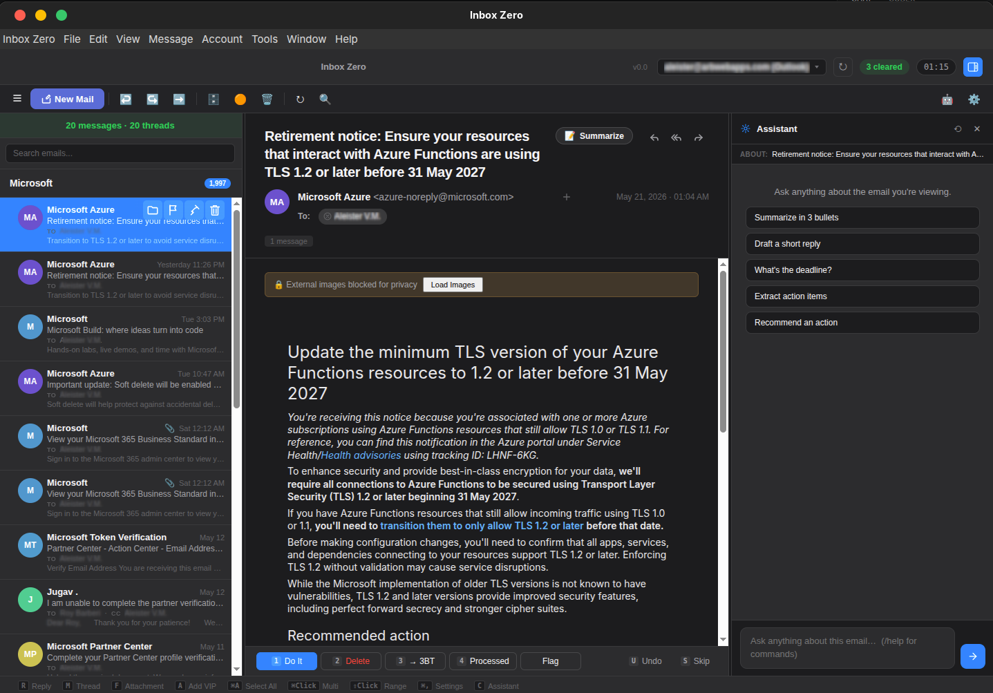Inbox Zero email client with a selected message, triage actions, and an AI assistant panel